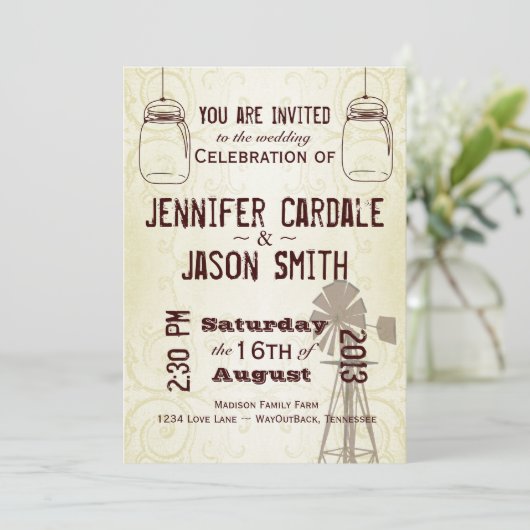 Mason Jars Windmill Country Wedding Invitations Kaart (Staand voorkant)