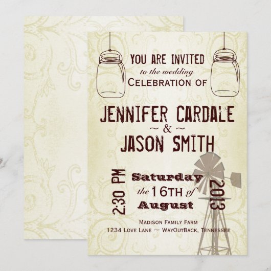 Mason Jars Windmill Country Wedding Invitations Kaart (Voorkant / Achterkant)