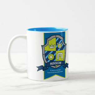 Mason letter M crest blauw groen beer naam beteken Tweekleurige Koffiemok