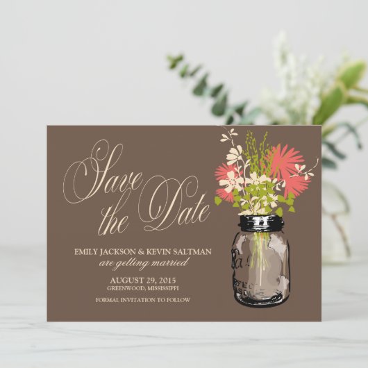 Mason Pot en Wilde Bloemen Bewaar de Datum Save The Date (Staand voorkant)