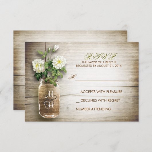 Mason pot en witte bloemen bruiloft RSVP kaarten (Voorkant / Achterkant)