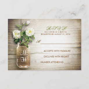 Mason pot en witte bloemen bruiloft RSVP kaarten Kaartje