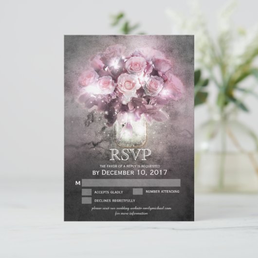 Mason pot met roze rozen RSVP Kaartje (Staand voorkant)