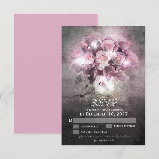 Mason pot met roze rozen RSVP Kaartje (Voorkant / Achterkant)