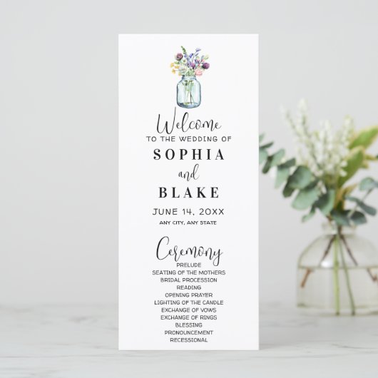 Mason Pot Met Wilde Bloemen Witte Trouwprogramma (Staand voorkant)