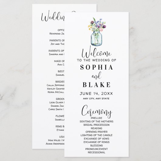 Mason Pot Met Wilde Bloemen Witte Trouwprogramma (Voorkant / Achterkant)