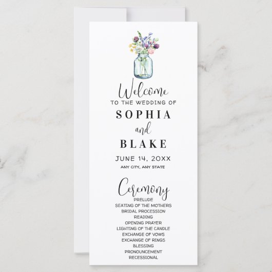 Mason Pot Met Wilde Bloemen Witte Trouwprogramma (Voorkant)