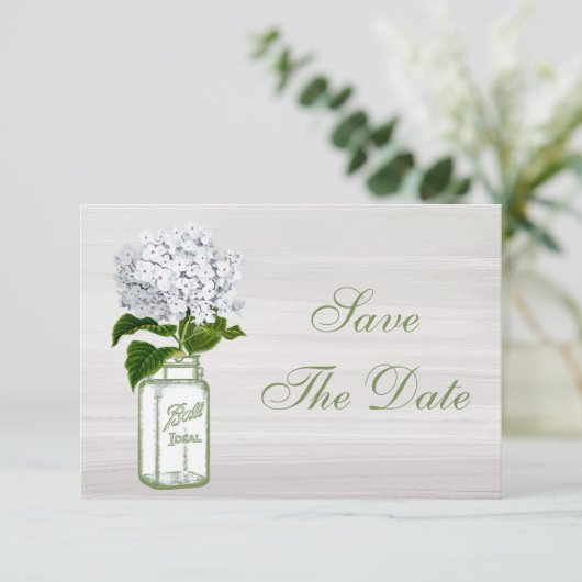 Mason Pot & Witte Hydrangea Bewaar De Datum Trouwd Save The Date (Staand voorkant)