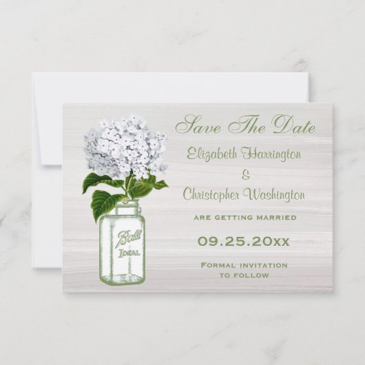 Mason Pot & Witte Hydrangea Bewaar De Datum Trouwd Save The Date (Achterkant)