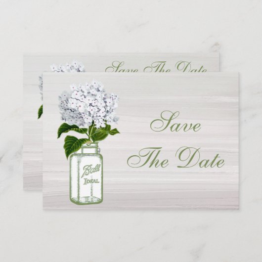 Mason Pot & Witte Hydrangea Bewaar De Datum Trouwd Save The Date (Voorkant / Achterkant)