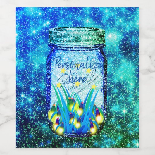 Mason potje bliksem bug gloeiend vuurvliegblauw wijn etiket (Enkel label)