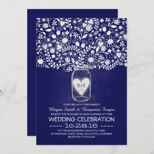 Mason potje bloemen koninklijk blauw bruiloft uitn kaart (Voorkant / Achterkant)
