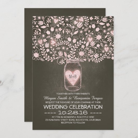 Mason potje bloemen roze rustieke bruiloft uitnodi kaart (Voorkant / Achterkant)