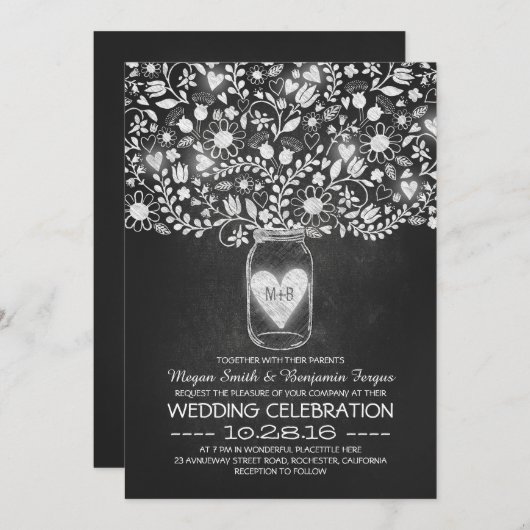 Mason potje en krijtbord bloemen bruiloft uitnodig kaart (Voorkant / Achterkant)