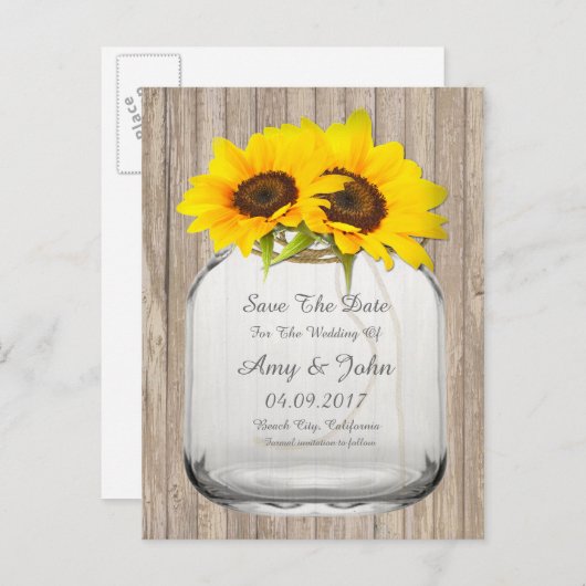 Mason potje zonnebloem de datum opslaan sunflwr6 aankondigingskaart (Voorkant / Achterkant)