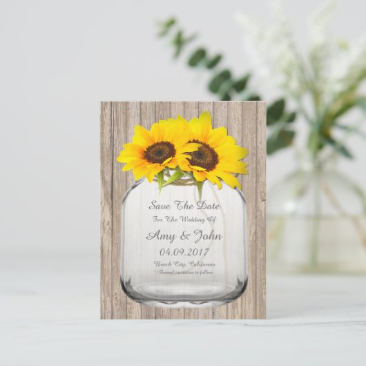 Mason potje zonnebloem de datum opslaan sunflwr6 aankondigingskaart (Staand voorkant)