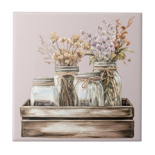 Mason potten, wilde bloemen in houten krat boerder tegeltje (Voorkant)