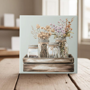Mason potten, wilde bloemen in houten krat boerder tegeltje