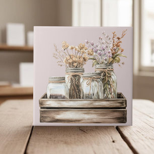Mason potten, wilde bloemen in houten krat boerder tegeltje