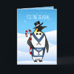 Masonic Christmas Cards Freemason Holiday Penguin Feestdagen Kaart<br><div class="desc">Truly fun and enige masonic Christmas cards that can be personalized by you! Verrassing friends and family this year with this creative masonic happy folidays card that depicts an illustrated black and white penguin in a tuxedo and top hat holding a red and white candy cane in a winter vliegroute...</div>
