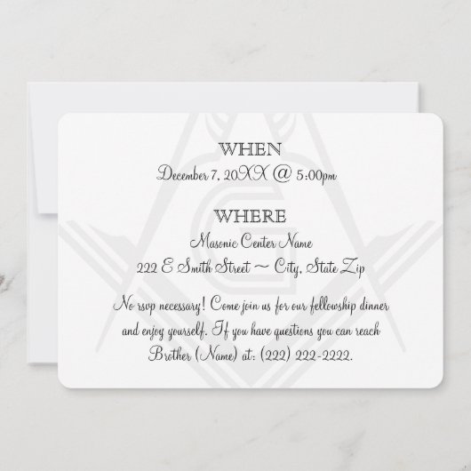Masonic Fellowship Dinner uitnodiging - Vrijmetsel (Achterkant)