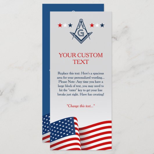 Masonic Flag Ceremony Card, Amerikaans freemason Programmakaart (Voorkant / Achterkant)