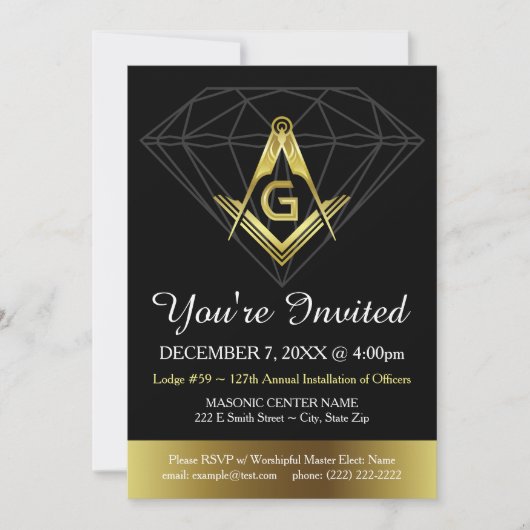 Masonic Invitation | Sjabloon goud en zwart diaman Kaart (Voorkant)