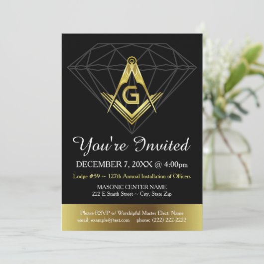 Masonic Invitation | Sjabloon goud en zwart diaman Kaart (Staand voorkant)