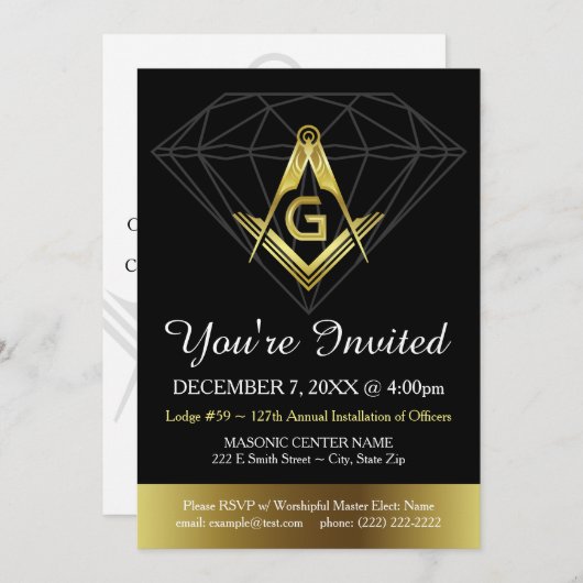 Masonic Invitation | Sjabloon goud en zwart diaman Kaart (Voorkant / Achterkant)