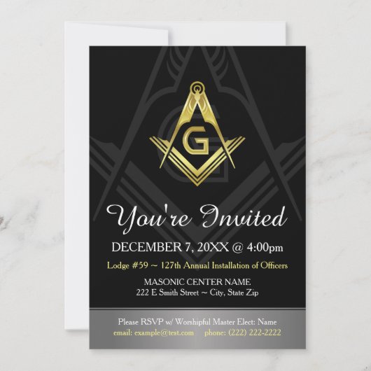 Masonic Invitation Sjabloon | Zwart, goud en zilve Kaart (Voorkant)