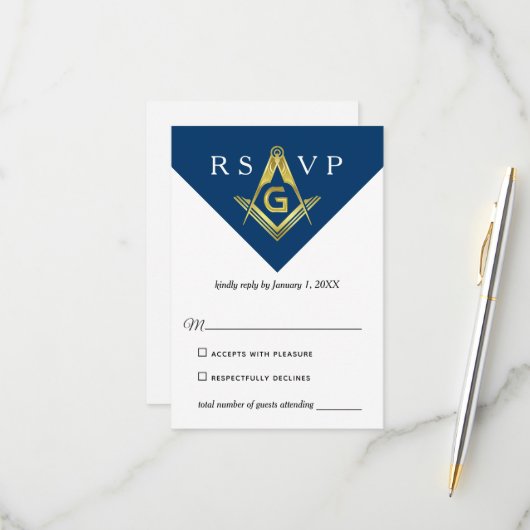 Masonic Navy Blue en Gold Elegant Freemason RSVP Kaartje (Voorkant / Achterkant in situ)