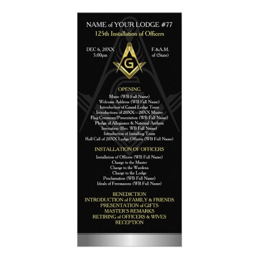 Masonic Rack Card-Sjabloon | Zwart, goud en zilver Reclamekaart (Voorkant)