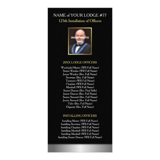 Masonic Rack Card-Sjabloon | Zwart, goud en zilver Reclamekaart (Achterkant)
