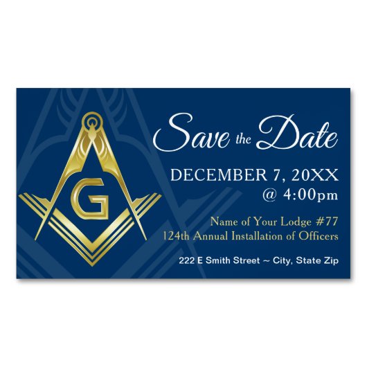 Masonic Save the Date Magnets Navy Gold Freemason Magnetisch Visitekaartje (Voorkant)