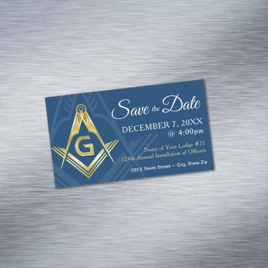 Masonic Save the Date Magnets Navy Gold Freemason Magnetisch Visitekaartje (Voorbeeld)