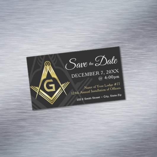 Masonic Save the Date Magnets | Zwart en goud Magnetisch Visitekaartje (Voorbeeld)