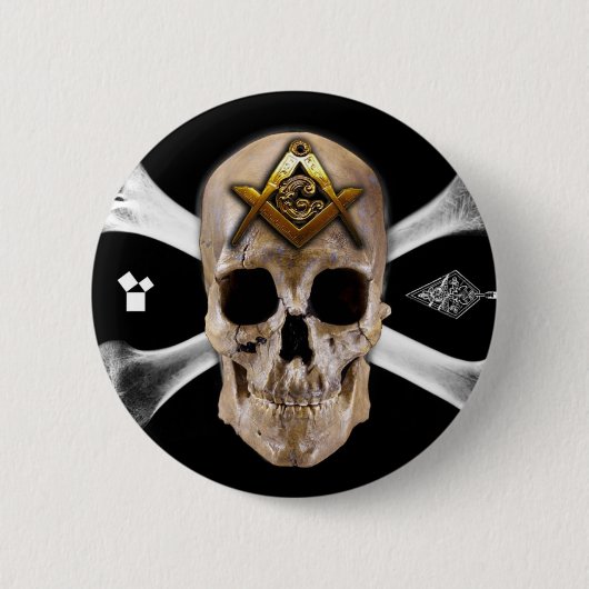 Masonic Skull & Botten Compass Square Ronde Button 5,7 Cm (Voorkant)