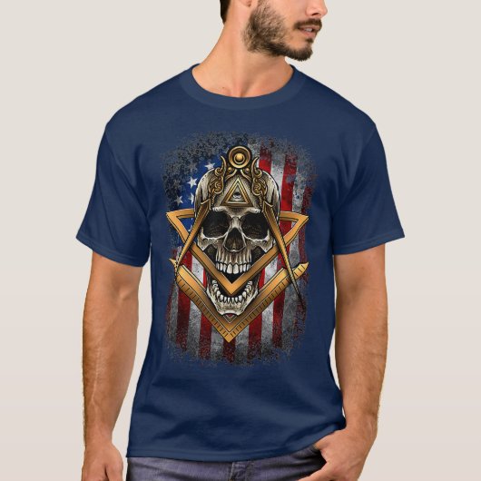 Masonic USA Amerikaanse vlag Skull Square Kompas T-shirt (Voorkant)