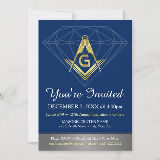 Masonische uitnodigingen | Gold Blue Diamond-Sjabl (Voorkant)