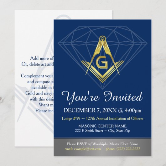 Masonische uitnodigingen | Gold Blue Diamond-Sjabl (Voorkant / Achterkant)