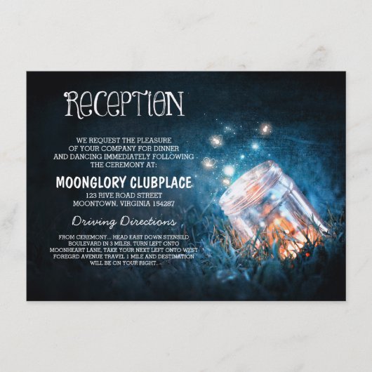 Masonjar met vuurvliegjes blauwe nachthuwelijksrec informatiekaartje (Voorkant)