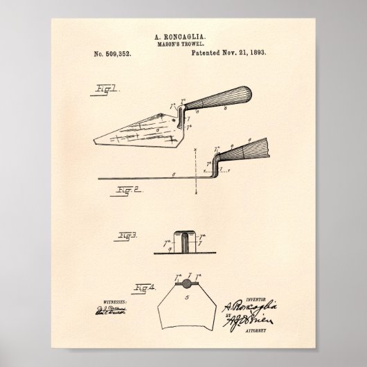 Mason's Trowel 1893 Patent Art Old Peper Poster (Voorkant)