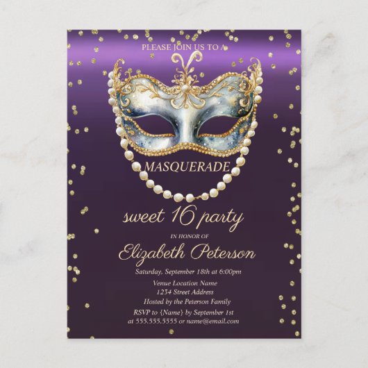 Masqu Parels Diamanten Paarse Zoet 16 Uitnodiging Briefkaart (Voorkant)