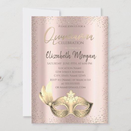 Masque, Confetti Roos Gold Quinceañera Uitnodiging (Voorkant)