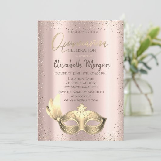 Masque, Confetti Roos Gold Quinceañera Uitnodiging (Staand voorkant)