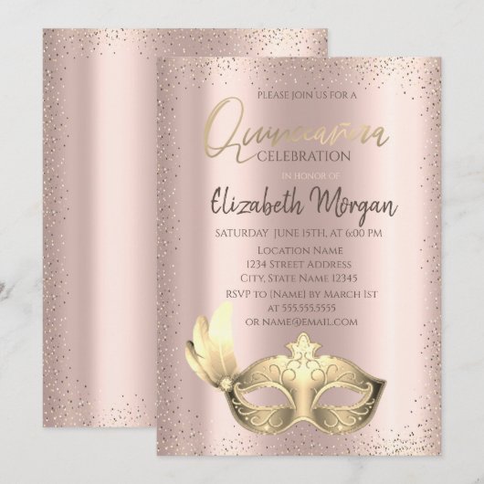 Masque, Confetti Roos Gold Quinceañera Uitnodiging (Voorkant / Achterkant)