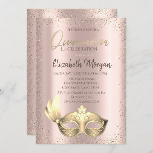 Masque, Confetti Roos Gold Quinceañera Uitnodiging