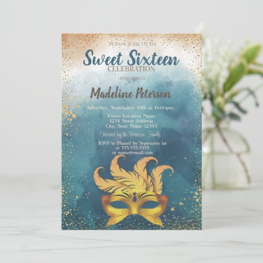 Masque, Confetti Waterverf Splash Sweet 16 Kaart (Staand voorkant)