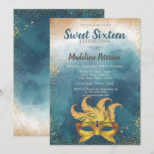 Masque, Confetti Waterverfspatten Sweet 16 Kaart (Voorkant / Achterkant)