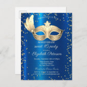 Masque Diamonds Blauw Metallic Masquerade Uitnodiging Briefkaart (Voorkant / Achterkant)
